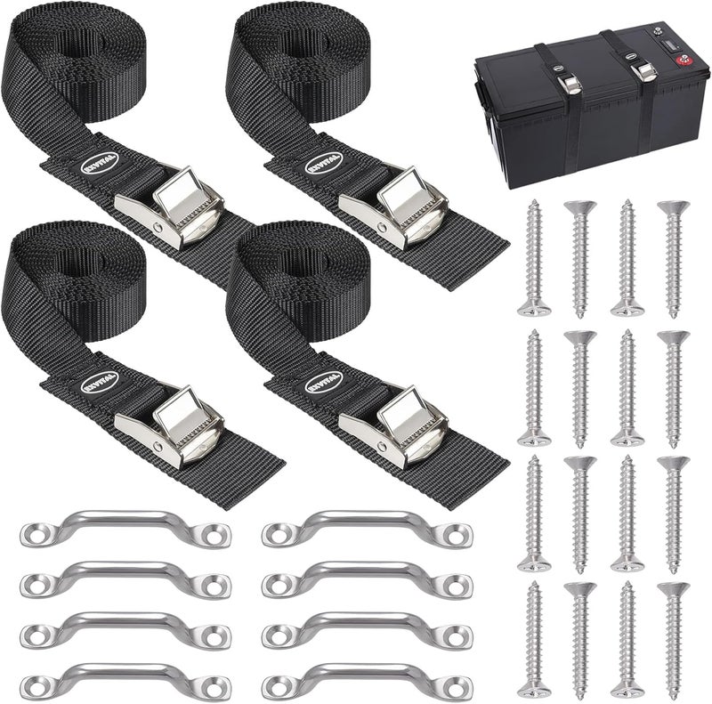 EXVITAL Battery Tie Down Strap Hold Down Kit, 1" x 48" Cooler Tie Down Kit with Non-Rusting Cam Buckle, Stainless Steel Bracket & SS Screws for RV Battery,Luggage Belt (4 Pack) - Image 1